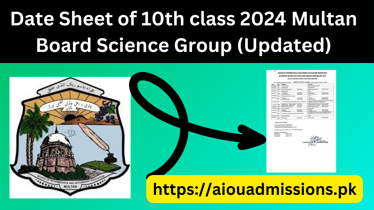 Date Sheet of 10th class 2024 Multan Board Science Group (Updated)